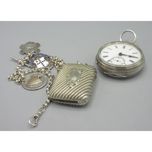 508 - Victorian silver key wound pocket watch, white enamel Roman dial, subsidiary seconds, engraved coin ... 