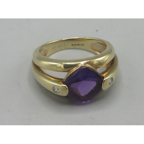 15 - 9ct yellow gold triple band ring set with square purple stone and diamonds, stamped 375, size J1/2, ... 