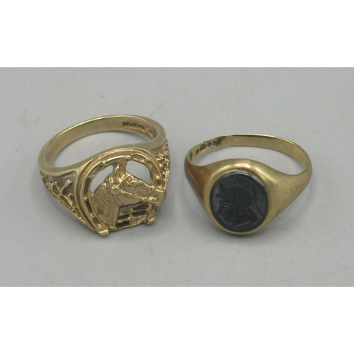 18 - 9ct yellow gold horseshoe ring, size R1/2, and a 9ct gold intaglio signet ring, size N, both stamped... 