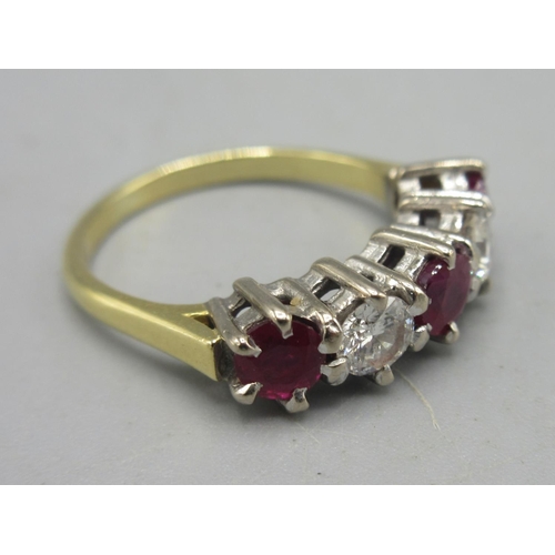 2 - Yellow and white metal five stone ring, set with two diamonds and three rubies, no hallmark, size I,... 