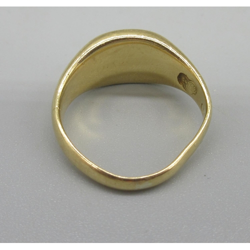 172 - 18ct yellow gold signet ring set with single sapphire, stamped 18, band misshapen, size L, 7.63g