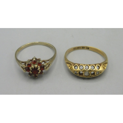 29 - 9ct yellow gold red stone cluster ring, size N, 1.36g, and an 18ct yellow gold ring missing stone, s... 