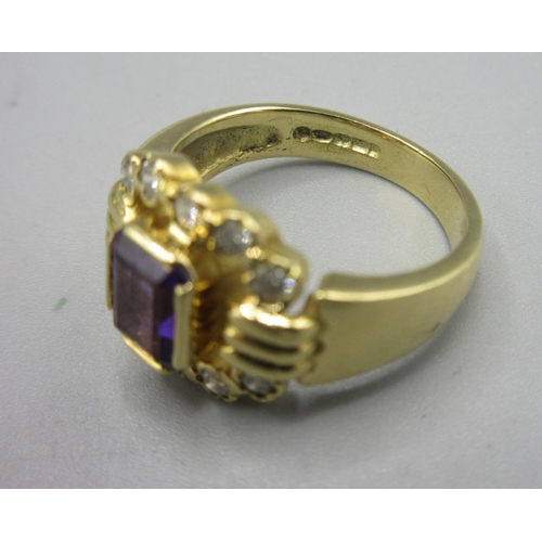 3 - 18ct yellow gold cluster ring set with emerald cut sapphire and brilliant cut diamonds, stamped 750,... 