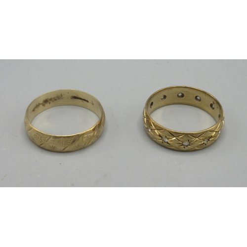 30 - 9ct yellow gold wedding band with etched design, size O, and another similar set with clear stones, ... 