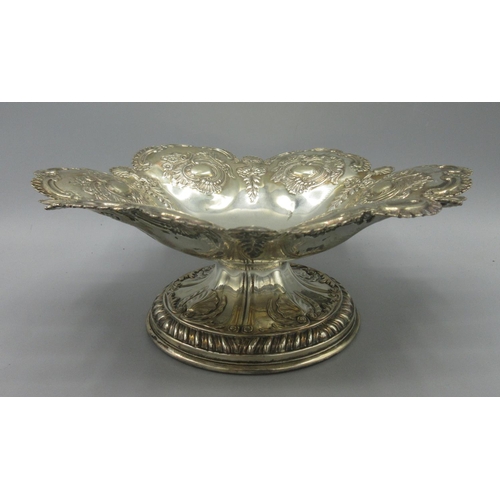 243 - Victorian silver tazza in hexafoil shape, repousse scrolling and foliate decoration, gadrooned board... 