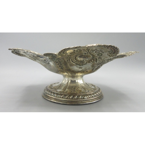 243 - Victorian silver tazza in hexafoil shape, repousse scrolling and foliate decoration, gadrooned board... 