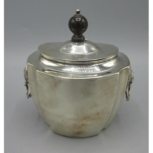 248 - Late Victorian silver tea caddy, hinged lid with polished ebony finial, gilt interior, lion mask and... 