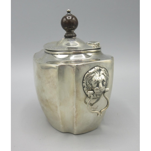 248 - Late Victorian silver tea caddy, hinged lid with polished ebony finial, gilt interior, lion mask and... 