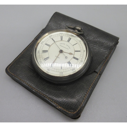 304 - Victorian silver key wound 'Centre Seconds Chronograph' pocket watch, stepped cream enamel Roman dia... 