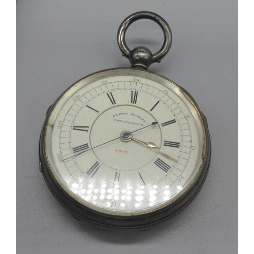 306 - E. Wise Manchester, Victorian silver key wound 'Centre Seconds Chronograph' pocket watch, stepped cr... 