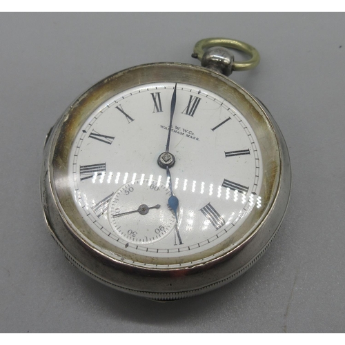 308 - American Watch Co., Waltham, Mass, Victorian silver key wound pocket watch, signed white enamel Roma... 