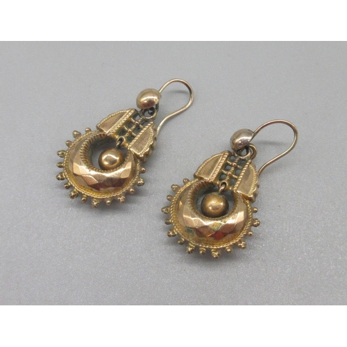 39 - Victorian yellow metal Etruscan Revival drop earrings, 3.81g