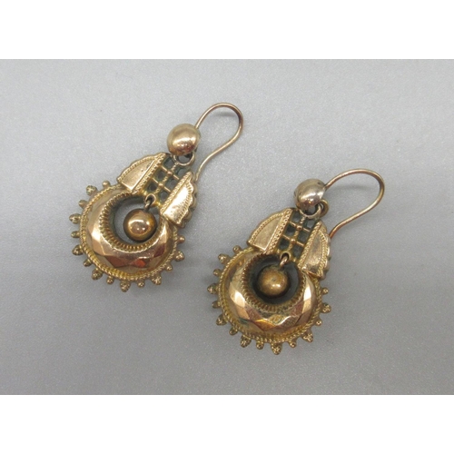 39 - Victorian yellow metal Etruscan Revival drop earrings, 3.81g