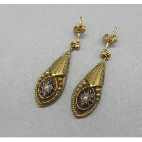 40 - Victorian yellow metal and enamel Etruscan Revival earrings set with single seed pearl, 3.23g