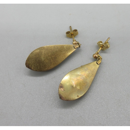 40 - Victorian yellow metal and enamel Etruscan Revival earrings set with single seed pearl, 3.23g