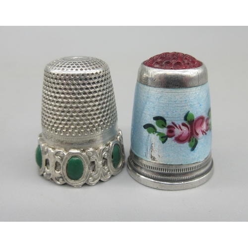 43 - Eight silver thimbles, all with different decoration including one with rose guilloche enamel and re... 