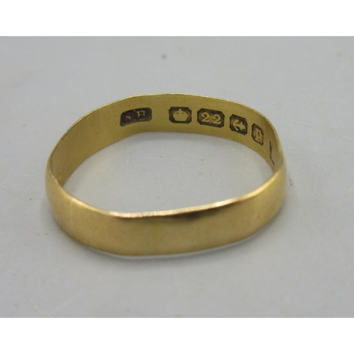 45 - 22ct yellow gold band ring, stamped 22, size N, 1.77g