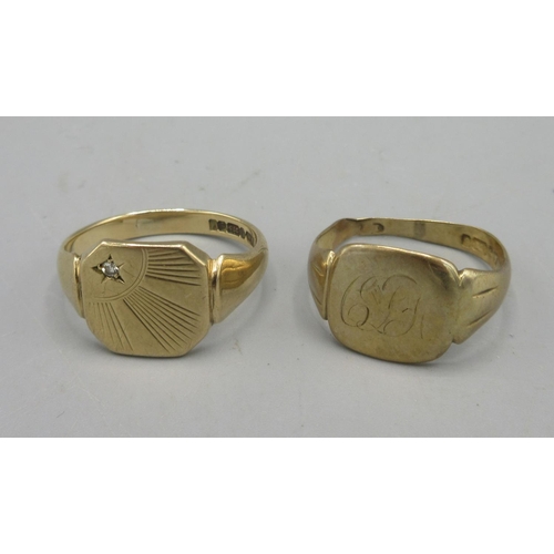 49 - 9ct yellow gold signet ring set with single diamond, size S1/2, and another signet ring, the face wi... 