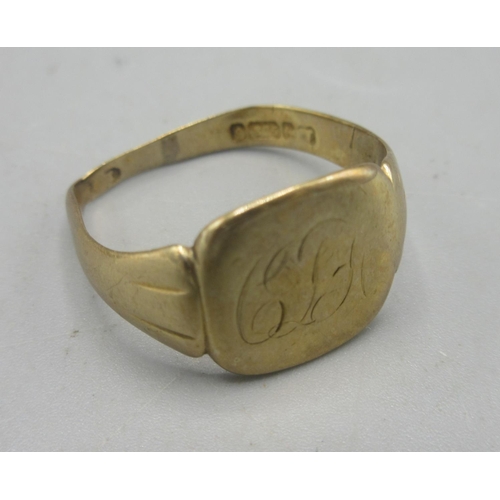 49 - 9ct yellow gold signet ring set with single diamond, size S1/2, and another signet ring, the face wi... 