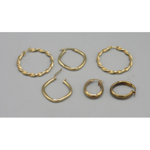 50 - Three pairs of 9ct yellow gold hoop earrings of various designs, all stamped 375, 6.45g