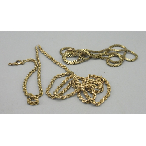 52 - 9ct yellow gold broken necklace chains, various styles and lengths, all stamped 375, 19.23g