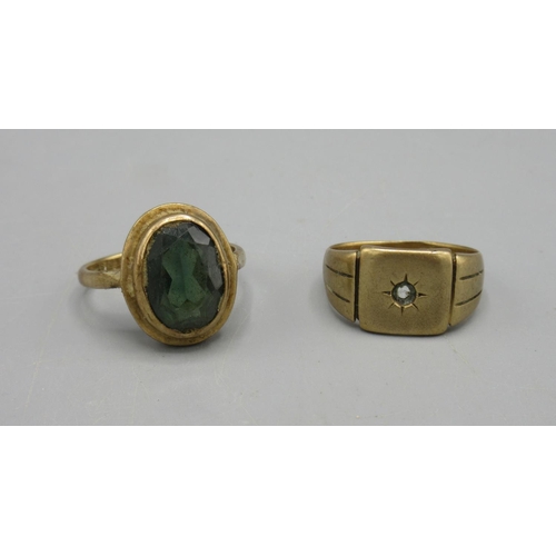 56 - 9ct yellow gold ring set with large green oval cut stone, stamped 375,  N1/2, and a signet ring miss... 