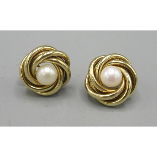 6 - 9ct yellow gold pearl knot stud earrings, stamped 375, 5.88g