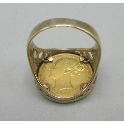 609 - Queen Victoria 1866 full sovereign mounted in a 9ct gold signet ring, 15.78g, size Z+1 (USA 13)