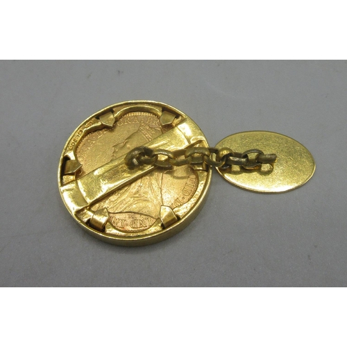 611 - Queen Victoria 1898 full sovereign mounted in a 9ct yellow gold monogrammed cuff link, 13.25