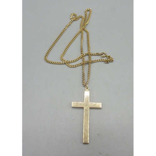 612 - 9ct yellow gold Cuban link chain necklace, stamped 375, 61cm, with a large gold cross pendant tested... 