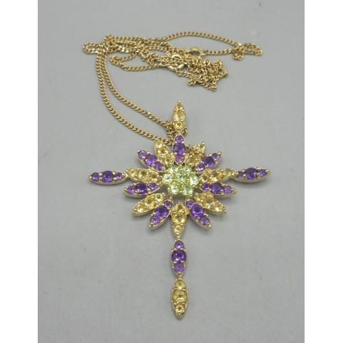 9 - 9ct yellow cluster cross pendant set with purple, yellow and green stones, stamped 9k, on 9ct gold f... 