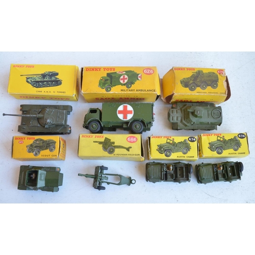 581 - Collection of playworn vintage diecast military vehicles mostly from Dinky and Corgi Juniors includi... 