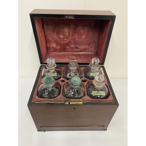 221 - 19th century travelling decanter set, the rectangular mahogany box with brass carrying handle to the... 