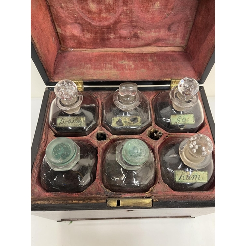 221 - 19th century travelling decanter set, the rectangular mahogany box with brass carrying handle to the... 