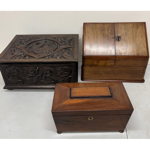 222 - Early 20th century carved oak box decorated with fleur de lis and phoenixes; 19th century mahogany s... 