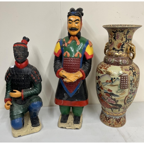 639 - Two polychrome painted figures of Chinese warriors, max. H63cm, and a large Chinese floor vase, H61c... 