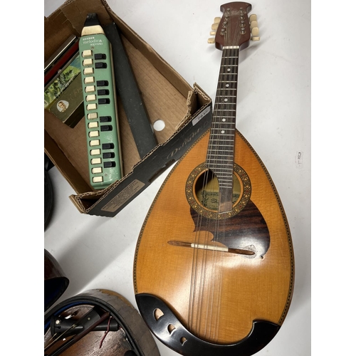 781 - Collection of musical instruments, incl. two early 20th century violins, a Suzuki mandolin, harmonic... 