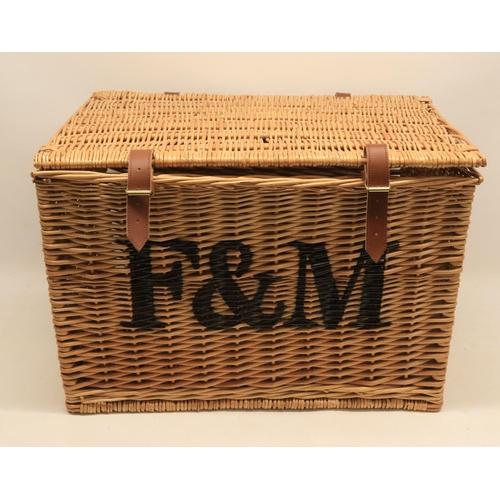 107 - Wicker Fortnum & Mason basket with two leather straps, front stencil F&M, W56 H38 D38cm