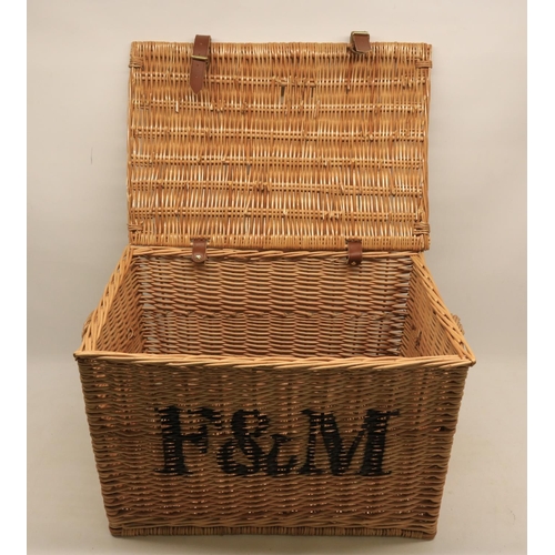 107 - Wicker Fortnum & Mason basket with two leather straps, front stencil F&M, W56 H38 D38cm