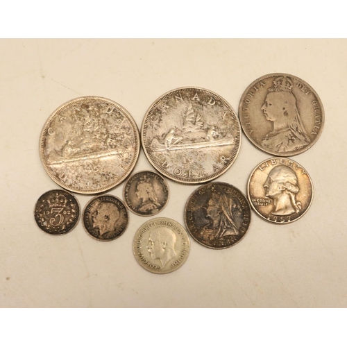 111 - Collection of silver content coins to inc. 1956 and 1961 Canadian Dollar, 1889 Half-Crown, 1957 US Q... 