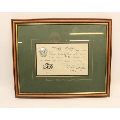 112 - Framed Bank of England 'White' £5 note 1944, signed Peppiatt, serial no. E58 080750, London 8th Nov.... 