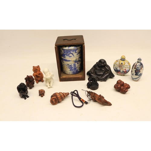 154 - Chinese painted porcelain snuff bottles; collection of carved netsukes and a Japanese Jubako (stacke... 