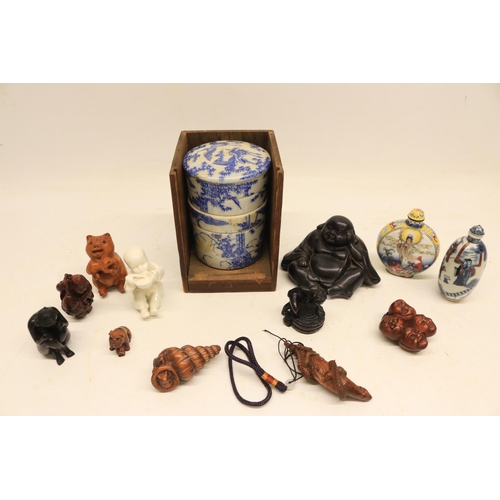 154 - Chinese painted porcelain snuff bottles; collection of carved netsukes and a Japanese Jubako (stacke... 