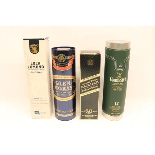 74 - Glenfiddich 12 years old single malt whisky in gift tube 70cl, Glen Moray single Speyside malt whisk... 