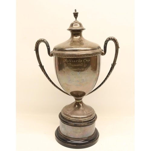 83 - Art Deco silver snooker trophy engraved 'Billiards Cup Presented by the Directors of the Law Union a... 