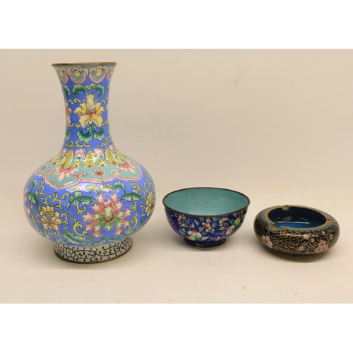 89 - Canton enamel floral vase on blue ground, canton enamel  bowl and cloisonne ashtray decorated with g... 