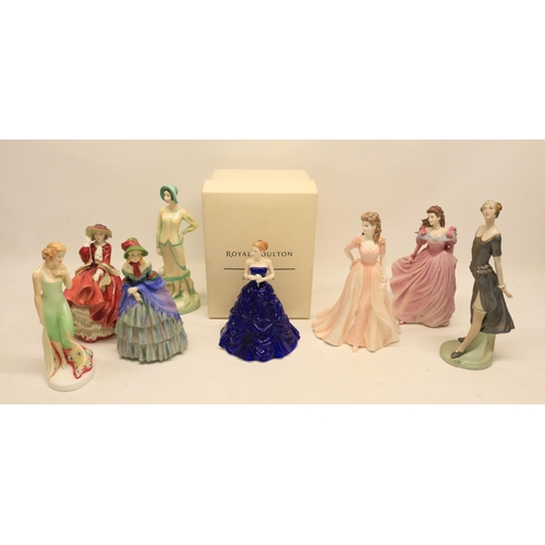 91 - Five Royal Doulton figures incl, occasions 'Thank You', Top O' The Hill, Sophie, Monte Carlo, Victor... 