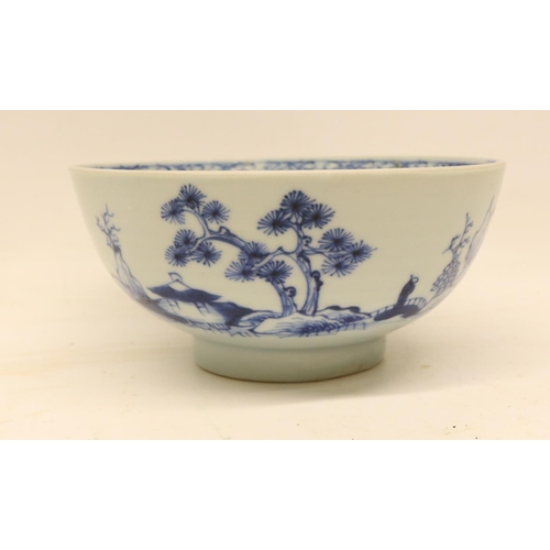 92 - Nanking Cargo 'Scholar on Bridge' blue and white bowl, with papers, bought from Harrods, D15cm