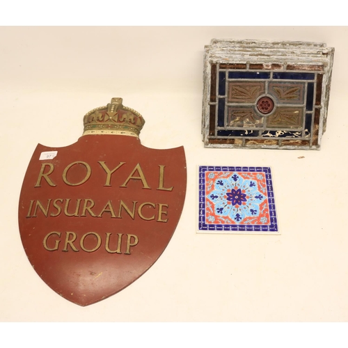 97 - Large Royal Insurance Group plaque L49cm, and eight stained glass panels