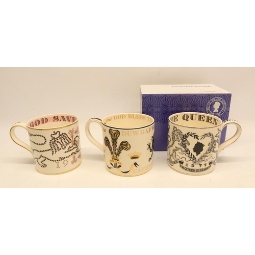 99 - Three Wedgwood commemorative mugs designed by Richard Guyatt incl, commemoration of the Coronation o... 